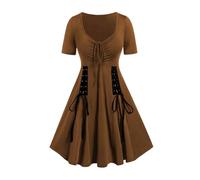 Robe de bal vintage Lolita pour femme - Col en V - Manches courtes - Robe de soirée gothique punk - Élégante - Couleur unie - Robe plissée - Robe trapèze - Robe de carnaval - Costume d'Halloween