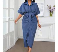 Robe de bureau, robe de vacances, robe chemise à volants bleue unie effet denim pour femmes L,M,S,XL,XS,XXL,XXS,XXXL,XXXXLUnicoloreTissu tissé
