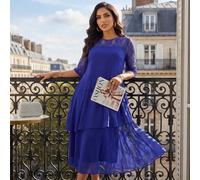 Robe de bureau, robe d'église pour femme, robe d' professionnelle bleue avec manche évidée, couture en dentelle, volants superposés, robe mi-longue. Vêtements pour enseignante, robe d'enseignante, rob
