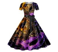 Robe de carnaval pour femme - Costume de Mardi Gras - Vintage - Ligne A - Robe de fête - Manches courtes - Masque vénitien - Robe swing - Avec ceinture - Robe de carnaval - Robe festive - Robe de