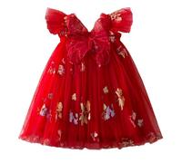 Robe de Cérémonie Bébé Fille avec Grand Papillon 3D et Broderies Florales - Robe de Princesse en Tulle à Volants pour Mariage Anniversaire Fête Formelle Bal,Rouge,1 an,2 Ans,f372a