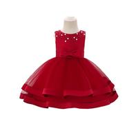 Robe de Cérémonie Bébé Fille sans Manches Col Perlé et Broderie - Robe de Princesse en Satin et Tulle pour Mariage Anniversaire Fête Formelle Bal Soirée,Rouge Foncé,4 Ans,6 Ans,f253a