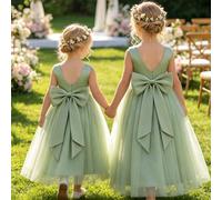 Robe de cérémonie vert clair pour filles, en satin premium et tulle doux avec grand nœud amovible au dos, convient pour fête d'anniversaire 1 an, fête d'anniversaire, demoiselle d'honneur, gala du soi