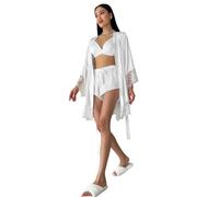Robe de chambre à manches longues en dentelle satinée, short sous-vêtements, pyjama fin, vêtement de détente trois pièces, blanc, L