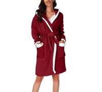 Robe de chambre courte en coton pour femme - Vêtement de détente chaud à capuche - Peignoir décontracté avec ceinture - Vêtement de nuit en peluche doux et confortable - Avec poches avant, Rouge, L