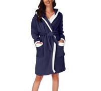 Robe de chambre courte en coton pour femme - Vêtement de détente chaud à capuche - Peignoir décontracté avec ceinture - Vêtement de nuit en peluche doux et confortable - Avec poches avant, bleu marine