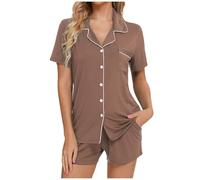 Robe de chambre courte pour femme Ensemble pyjama à manches courtes Vêtements de nuit boutonnés Vêtements de nuit Short doux pour la maison Ensembles Chemise de nuit longueur genou, marron, XL