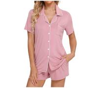 Robe de chambre courte pour femme Ensemble pyjama à manches courtes Vêtements de nuit boutonnés Vêtements de nuit Short doux pour la maison Ensembles Chemise de nuit longueur genou, Rose clair, L