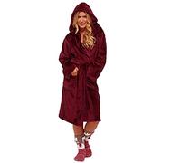 Robe de chambre en polaire pour femme, peignoir long doux pour femme avec capuche pour l'hiver, serviette épaisse, peignoirs de bain en peluche douce pour l'automne, bordeaux, M