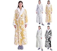 Robe de chambre en polaire sans capuche pour femme - Kimono floral long et chaud - Imprimé pelucheux - Peignoir de luxe épais et doux pour chambre d'hiver - Peignoir thermique, Noir , XXX-Large