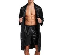 Robe de chambre en satin pour homme Sanraflic, léger peignoir en soie à manches longues avec ensemble de shorts, kimono de spa pour la nuit, Noir , XL