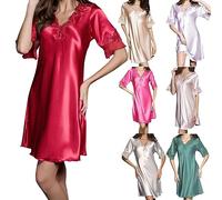 Robe de chambre en soie pour femme - Robe de nuit à manches courtes - Col en V - Vêtement de nuit en satin soyeux - Longueur genou - Robe de nuit décontractée et sexy en dentelle pour femme, violet