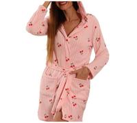 Robe de Chambre Femme Chaude - Peignoir À Capuche en Polaire Douce avec Imprimé Cerises Confort pour Un Usage Domestique Idéal pour Se Détendre Et Se Relaxer (XL)