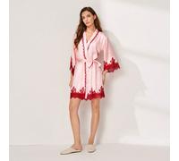 Robe de chambre kimono en satin rose léger de luxe pour mariée d'été, nuisette élégante avec ceinture à nouer et détails en dentelle rouge, article de mariage à la mode L,M,S,XL,XS,XXL,XXS,XXXL,XXXXLP