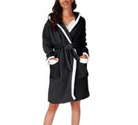 Robe de chambre moelleuse avec capuche pour femme - Robe de chambre courte et moelleuse pour femme - Robe de chambre personnalisée en tissu éponge chaud peignoir blanc chemise de nuit légère, Noir