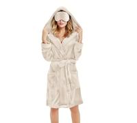 Robe de chambre pour femme en polaire moelleuse à capuche avec poches mi-longues et ceintures, peignoirs d'hiver avec ombres à paupières, beige, XXL