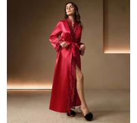 Robe de chambre rouge en dentelle longue, nuisette femme de luxe, vêtements d'intérieur, vacances L,M,S,XL,XXLUnicoloreSatin