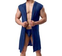 Robe de chambre sans manches en soie bleue pour homme | Robe de chambre en satin avec short avec capuche sexy sèche et ceinture changeante de couleur unie Kimono Robe de maison mince Longueur genou