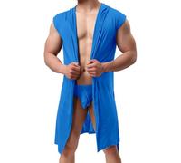 Robe de chambre sans manches en soie bleue pour homme | Robe de chambre en satin avec short avec capuche sexy sèche et ceinture changeante de couleur unie Kimono Robe de maison mince Longueur genou