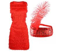 Robe de charleston années 1920 avec franges et bandeau à paillettes et plumes Rouge Taille XXL