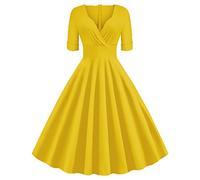 Robe de cocktail à double boutonnage à manches courtes et revers cranté pour femme - Style rétro années 50 - Rockabilly - À pois, Col en V jaune, XX-Large
