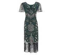 Robe de cocktail avec col en V et pompons - Ourlet à rabat - Pour femme - Longueur midi, vert, S