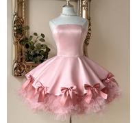 Robe de cocktail courte élégante et luxueuse en satin rose patchwork et maille, avec un nœud papillon fait main, une coupe évasée à ourlet bouffant sans bretelles. Robe de soirée L,M,S,XL,XS,XXL,XXS,X