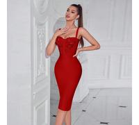 Robe de cocktail élégante d'été pour femmes, avec bretelles fines, ornée de broderies et de bandages pour une soirée L,M,S,XL,XSBlocs de couleur,Tout ImpriméTissu tricoté