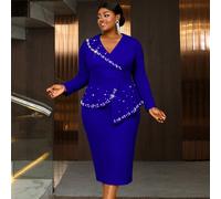 Robe de cocktail élégante grande taille AOMEI, col en V, manches longues, robe de soirée formelle pour femmes, fête, mariage, printemps, automne 0XL,1XL,2XL,3XL,4XLTissu tricoté