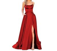 Robe de cocktail élégante pour femme - Grandes tailles - Robe de soirée pour femme - Robe festive longue - Robe spaghetti - Couleur unie - Avec poches - Robe de mariée - Fente latérale - Robe de bal