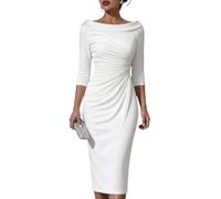 Robe de Cocktail Femme Col Bateau Robe Crayon Chic et Elegant | Robe Mi Longue Manches 3/4, Robe Moulante Taille Haute Plissée pour Mariage Invité Soirée Bureau Cérémonie
