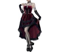 Robe de cocktail gothique à taille haute et basse, robe de soirée vintage en dentelle pour femmes, avec smocks, taille élastique, jupe plissée, robe moulante, 1-Rouge, L