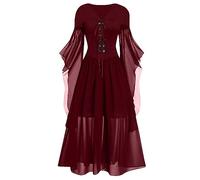 Robe de cocktail gothique pour femme - Style gothique des années 1950 - Robe midi - Croset - Manches longues évasées - Robe de soirée - Ligne A - Robe gothique punk, rouge, M