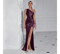Robe de cocktail longue fendue à la taille avec un seul épaule plissée pour femmes, idéale pour la danse et les soirées de retour au foyer L,M,S,XL,XSUnicoloreTissu tissé