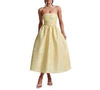 Robe De Cocktail Mi Longue Bustier en Jacquard Floral pour Femme, Élégante Robe De Soirée Trapèze À Lacets dans Le Dos(Yellow,XXL)