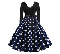 Robe de cocktail pour femme - Robe de soirée en V - Robe à pois - Élégant motif imprimé - Costume Audrey Hepburn - Robe à manches longues - Robe de fête tendance - Robe de carnaval, Marine, XXL
