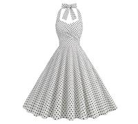 Robe de Cocktail Vintage années 50 à Pois avec Boutons Floraux Rockabilly Audrey Hepburn pour Bal de Fin d'année, thé, Froncé Blanc, Taille L