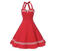 Robe de Cocktail Vintage années 50 à Pois avec Boutons Floraux Rockabilly Audrey Hepburn pour Bal de Fin d'année, thé, Dos Nu Rouge, Taille XL