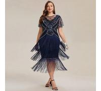 Robe de cocktail vintage des années 1920 pour femmes, été et début d'automne, avec broderie de sequins, franges et tissu transparent, longueur mi-mollet, pour soirée de gala et mariage d'automne 0XL,1
