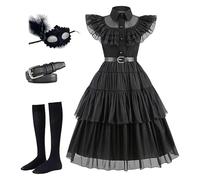 Robe De Costume Du Mercredi Addams Pour Filles, Robe Noire D'Halloween Costume Cosplay Set Avec Ceinture Chaussettes Et Masque Pour Les Yeux, Costume D'Halloween Gothique Noir Pour Performance