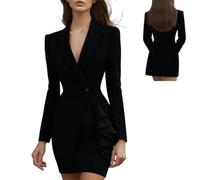 Robe de costume pour femme, élégante robe blazer sur mesure avec volants et col en V, robes moulantes à manches longues, tenues professionnelles, Noir , L