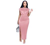 Robe De Couleur Unie À Col Haut Robe Plissée Longue Élégante Fendue À Col Haut Et Coupe Cintrée sans Manches Robe De Soirée Mince Sexy (Color : Pink, Size : XXL/XX-Large)