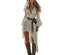 Robe de cowboy western vintage pour femme - Robe évasée avec bordure en dentelle florale et épaules dénudées - Costume d'Halloween inspiré des années 70 - Tenue de prairie - Robes de soirée country