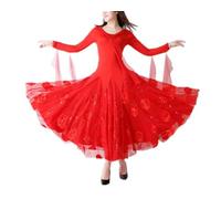 Robe de danse à manches longues avec paillettes scintillantes pour valse, tango, salsa, salle de bal, compétition en tulle fluide, Rouge, XXL