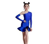 Robe de Danse de Salon Latine pour Fille, Tenue Professionnelle en Maille, pour Salsa, Tango, Samba, cha-cha, Rumba, Spectacle, compétition,Bleu,150
