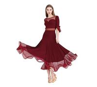 Robe de Danse de Salon Noire élégante for Femmes, Demi-Manches, de Danse Moderne, Grande balançoire, soirée, Tango, Valse, vêtements d'entraînement pour Les Spectacles(Red,S)