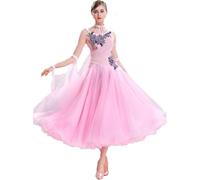 Robe De Danse De Salon Professionnelle Valse Tango Concours Costume sans Manches Moderne Standard Danse Performance, Pink, XXL