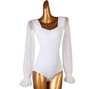 Robe De Danse Latine À Col en V pour Femme Net Yarn Cha Cha Valse Jupes Déguisements De Yoga De Gymnastique Moderne À Manches Longues Robes De Danse De Salon Tango Haut De Body,Blanc,M