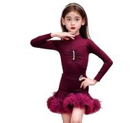 Robe de Danse Latine à Manches Longues en Velours pour Filles, Spectacles d'école de Danse de Salon pour Enfants vêtements de compétition de Danse Fendue Samba Tango,Wine Red,130