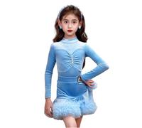 Robe de Danse Latine à Manches Longues en Velours pour Filles, Spectacles d'école de Danse de Salon pour Enfants vêtements de compétition de Danse Fendue Samba Tango,Sky Blue,140